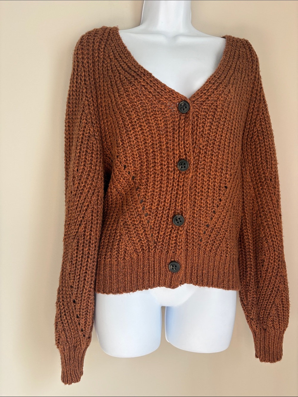 Button-Front Naturals V-Neck Chunky Cardigan Sweater in Rust